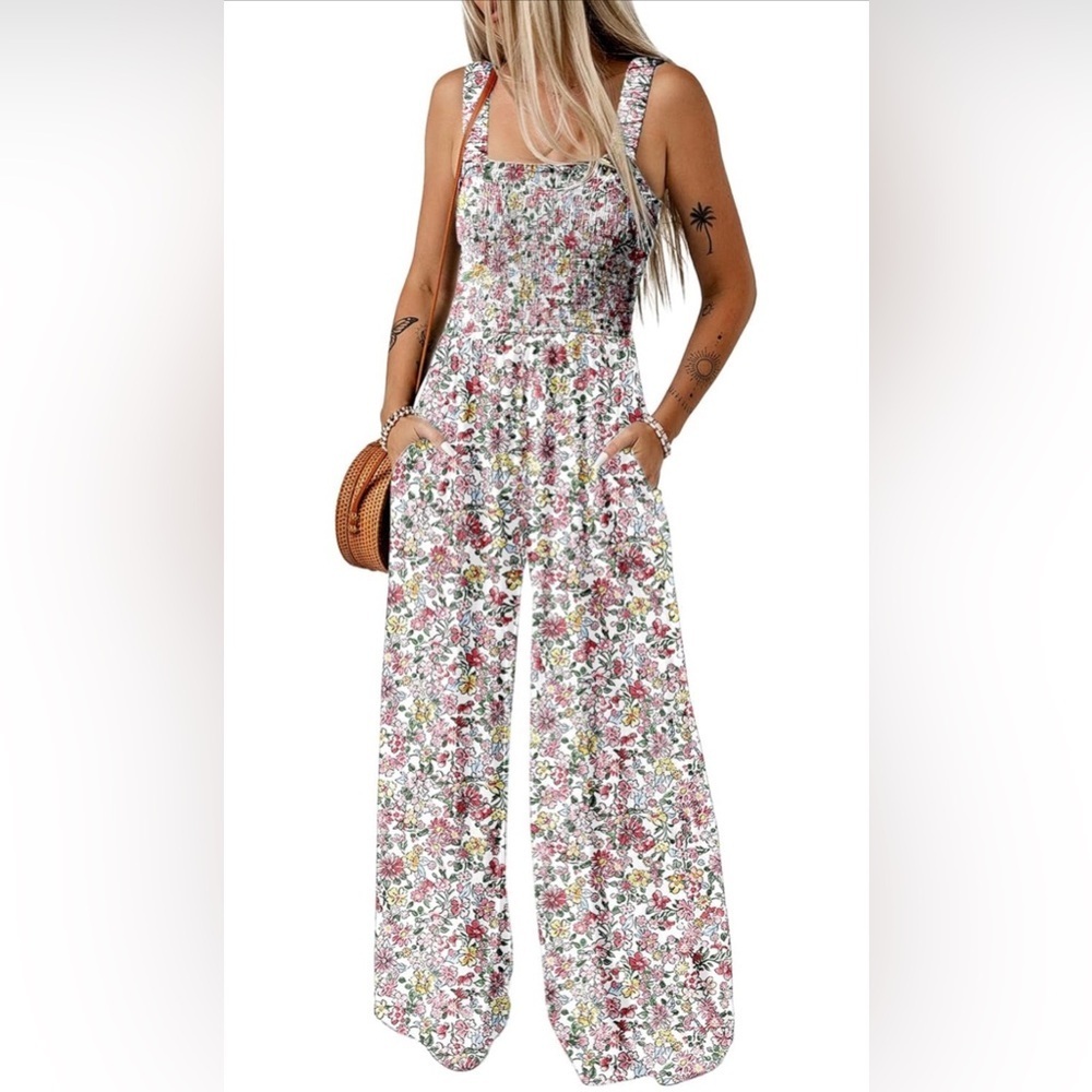 🆕Overalls One Piece Sleeveless Printed Wide Leg Jumpsuit With Pockets - Picture 1 of 3